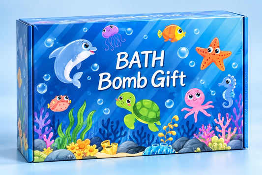Caja azul Bath Bomb Gift cerrada con animales marinos