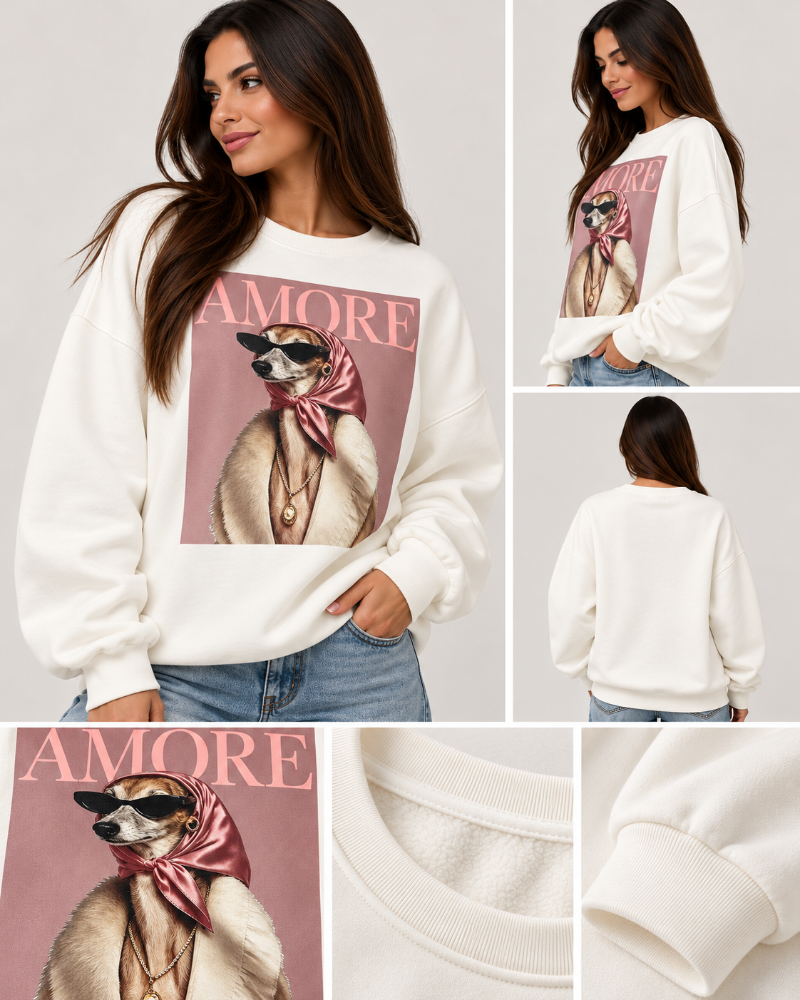 Modelo morena con sudadera AMORE de perrito con gafas y pañuelo rosa