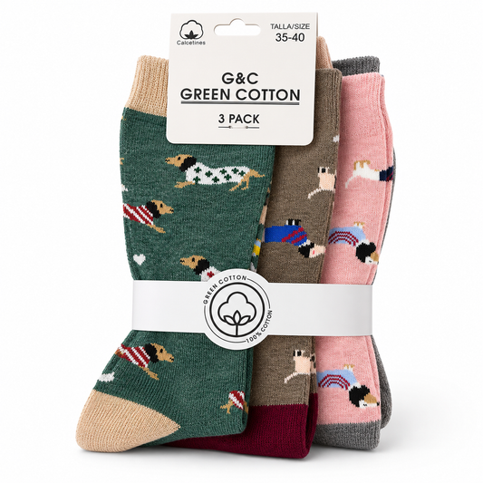 Pack de 3 pares de calcetines de perros salchicha Green Cotton talla 35-40 colores aleatorios