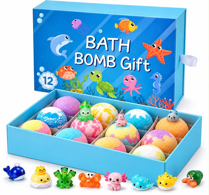 Caja azul Bath Bomb Gift abierta, 12 bombas de baño y figuras sorpresa