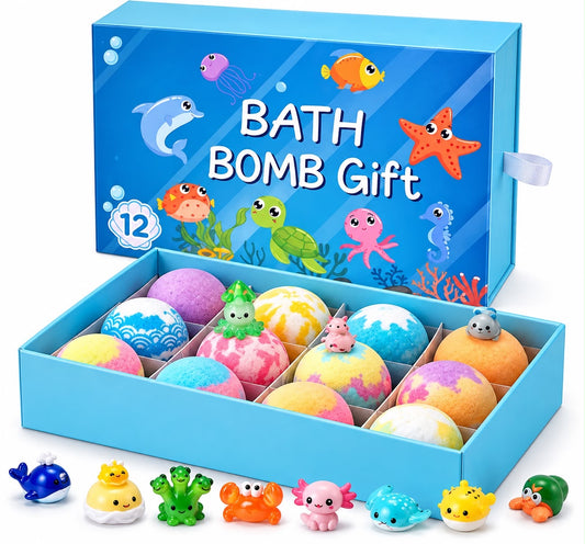 Caja azul Bath Bomb Gift abierta, 12 bombas de baño y figuras sorpresa