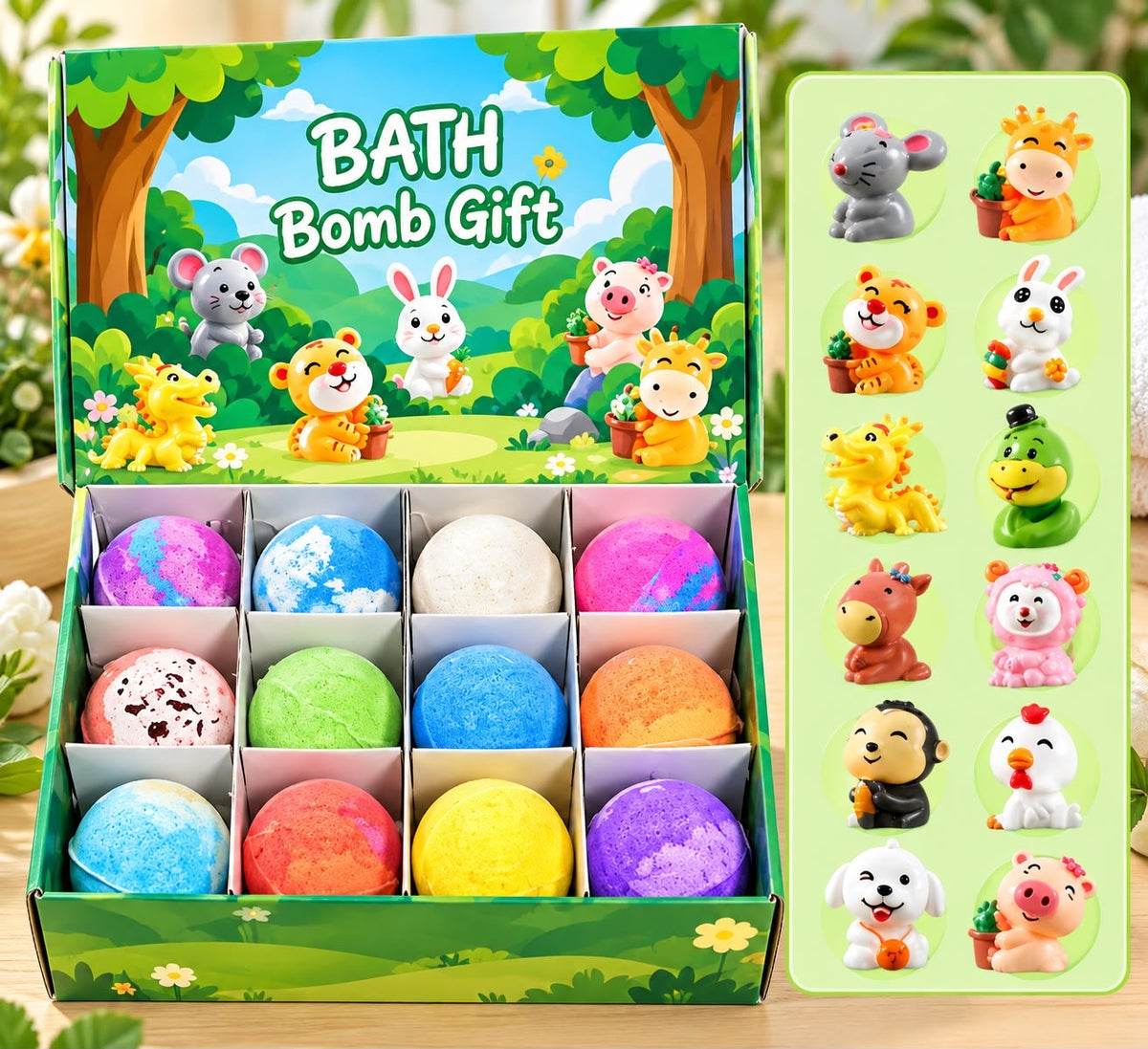 Caja Bath Bomb Gift Animalitos abierta con 12 bombas de baño de colores