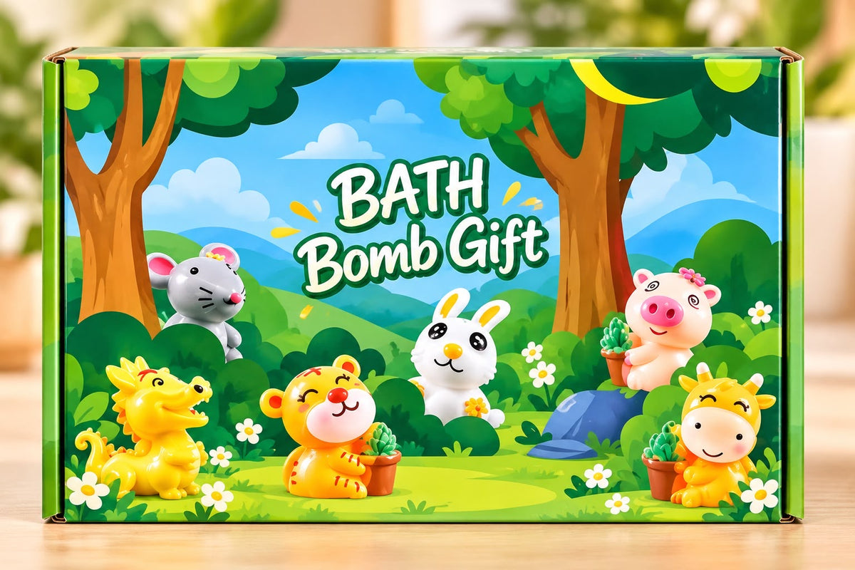 Caja verde Bath Bomb Gift con animalitos, cerrada