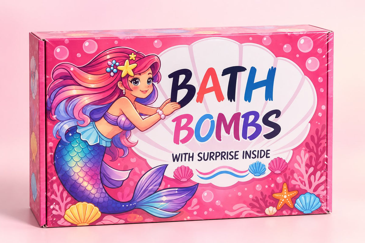 Caja rosa Bath Bombs diseño sirena, 12 bombas de baño con sorpresa