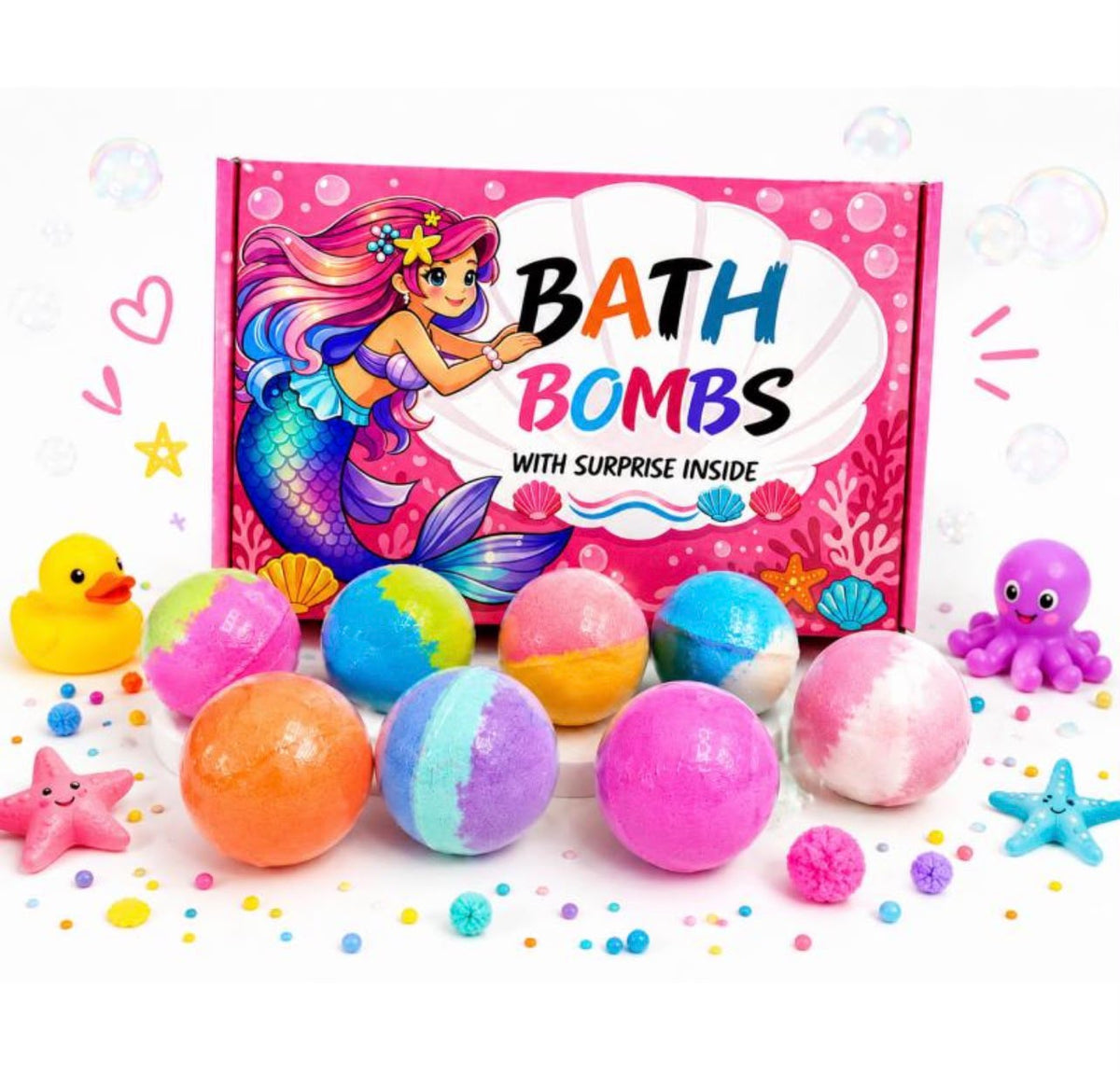 Bombas de baño de colores con caja rosa de sirena