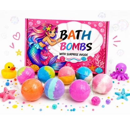 Bombas de baño de colores con caja rosa de sirena