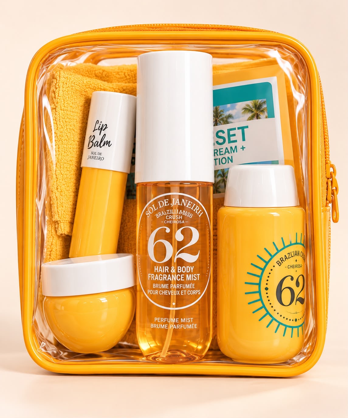 Neceser amarillo 62 de inspiración Sol de Janeiro con productos de cuidado corporal