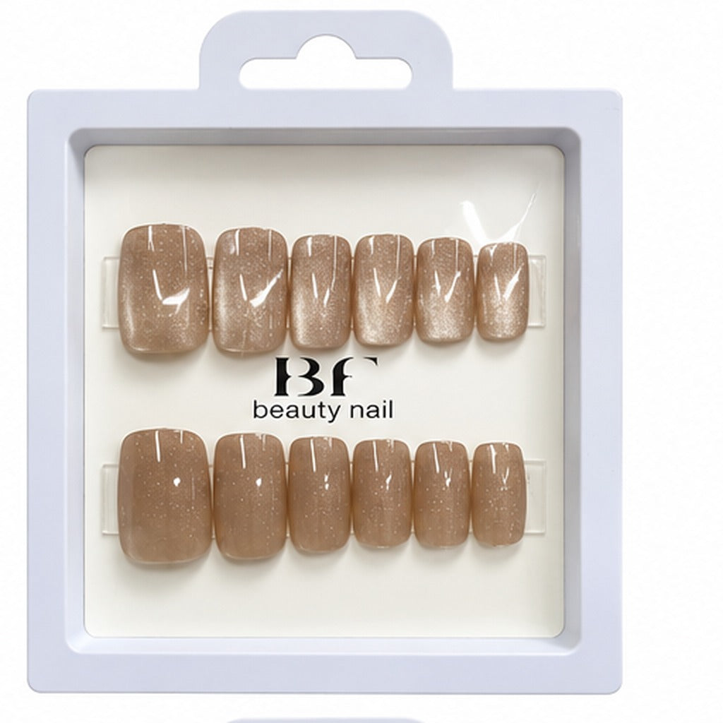 Estuche de 12 uñas postizas BF Beauty Nail, color Beige dorado con brillo