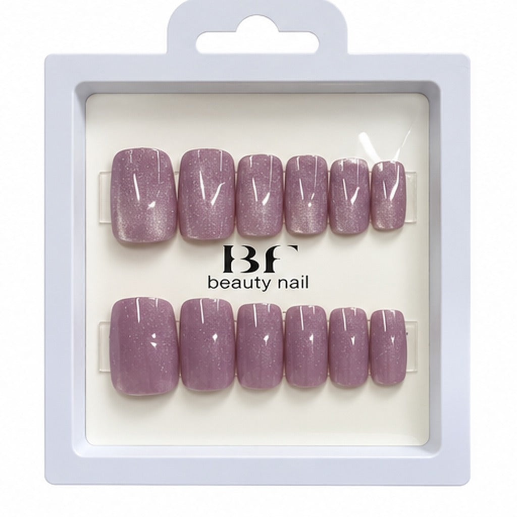 Estuche de 12 uñas postizas BF Beauty Nail, color Malva con brillo