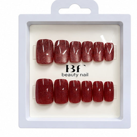 Estuche de 12 uñas postizas BF Beauty Nail, color Rojo vino con brillo