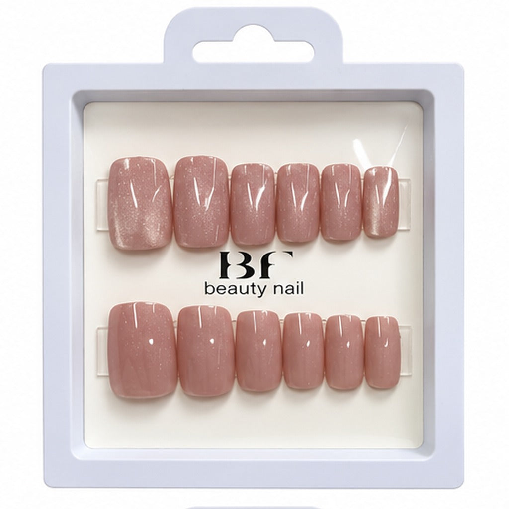 Estuche de 12 uñas postizas BF Beauty Nail, color Rosa nude con brillo