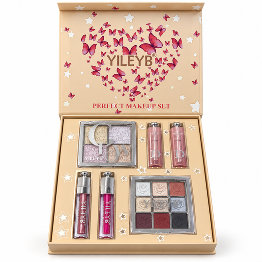Estuche de maquillaje YILEYB abierto con todo su contenido