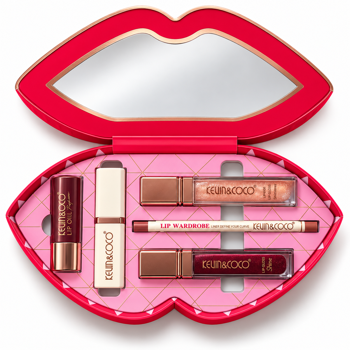 Contenido del estuche de labios Kevin & Coco abierto