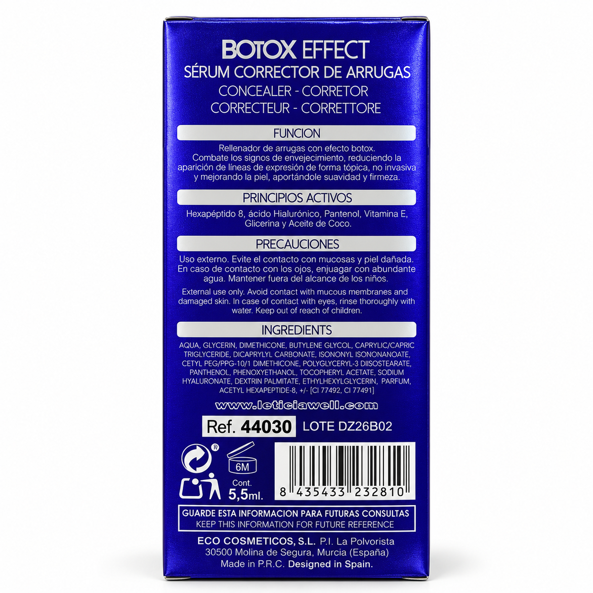 Composición y precauciones del sérum Botox Effect Leticia Well