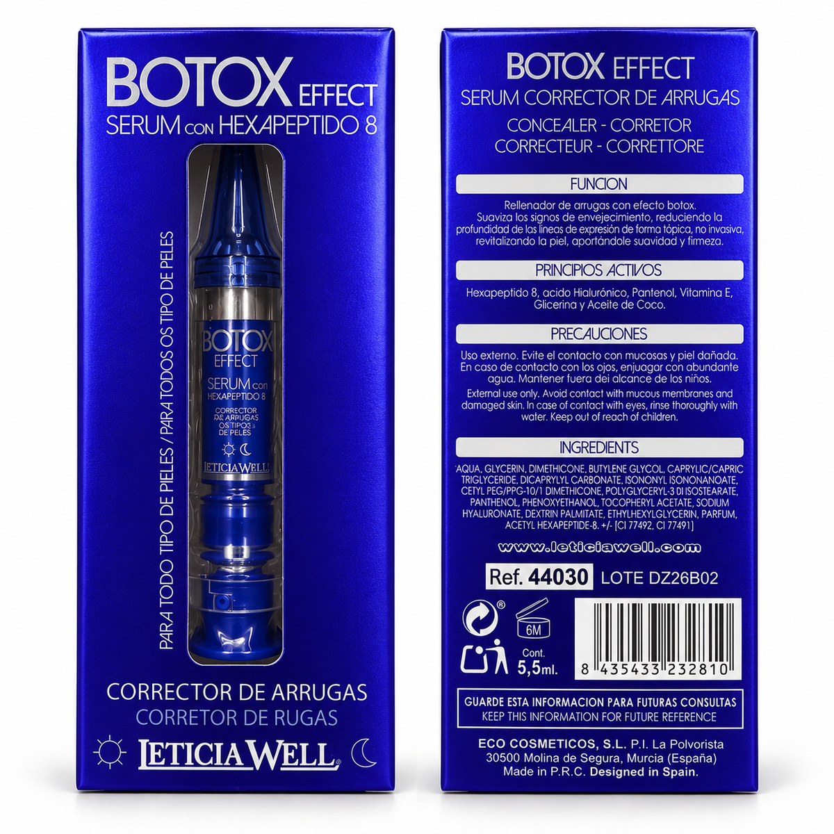 Leticia Well Botox Effect sérum con hexapéptido 8 de 5,5 ml, caja frontal y trasera