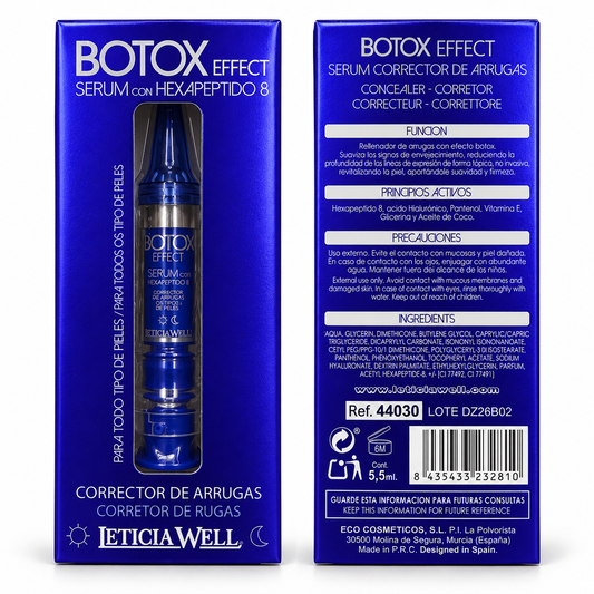 Leticia Well Botox Effect sérum con hexapéptido 8 de 5,5 ml, caja frontal y trasera