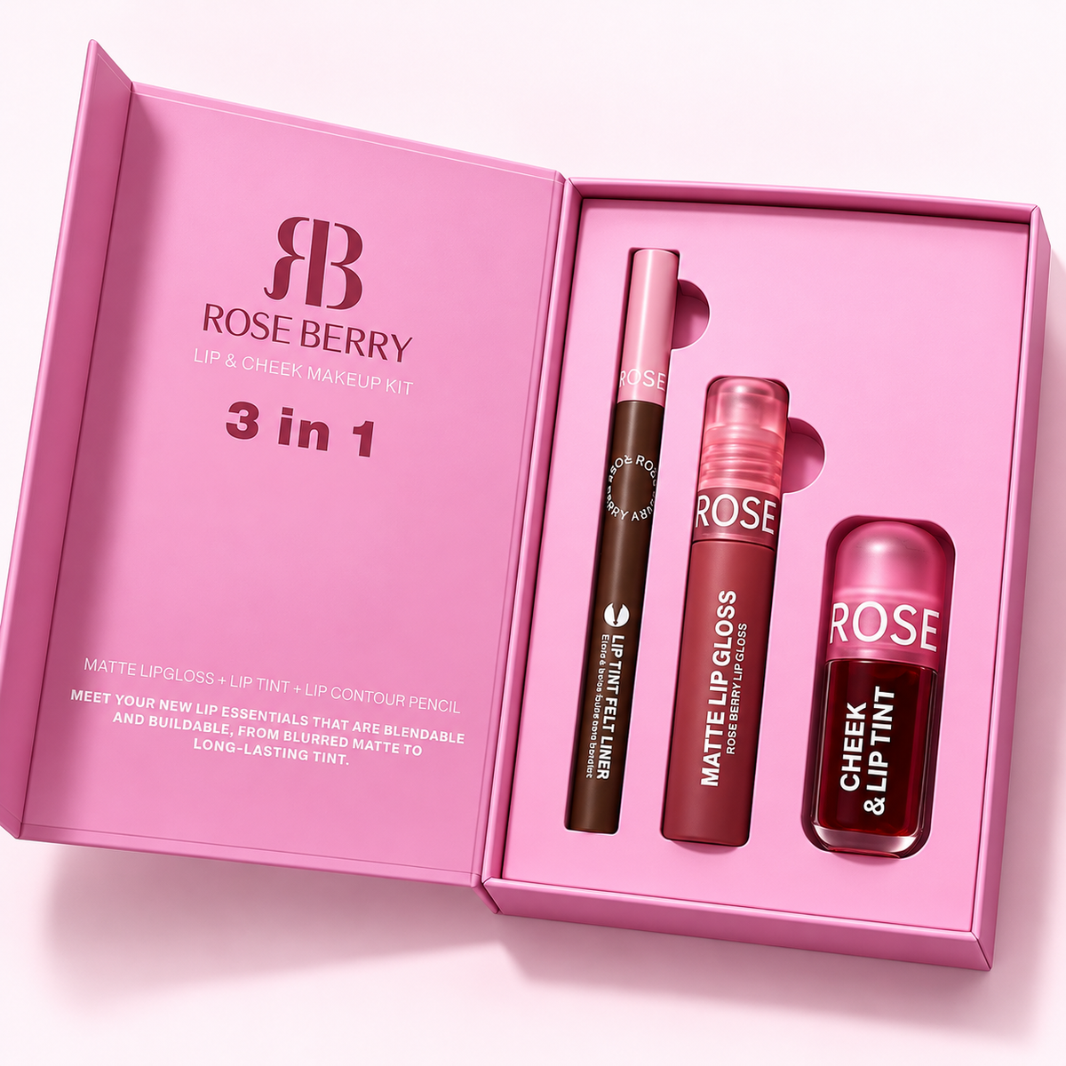 Rose Berry 3 en 1 abierto, perfilador, brillo mate y tinte de labios y mejillas