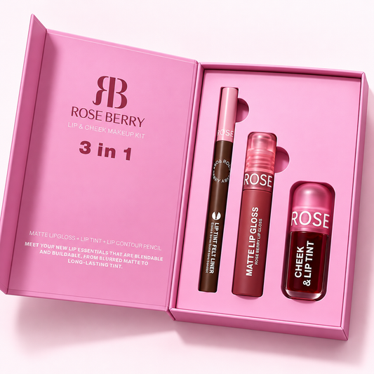 Rose Berry 3 en 1 abierto, perfilador, brillo mate y tinte de labios y mejillas