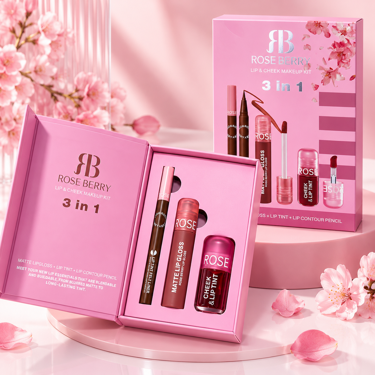 Presentación del set de maquillaje Rose Berry 3 en 1