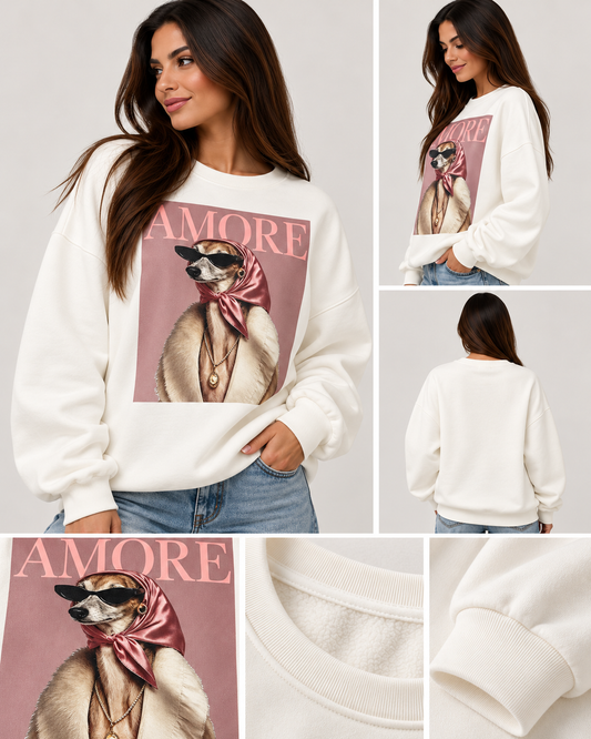 Modelo morena con sudadera AMORE de perrito con gafas y pañuelo rosa