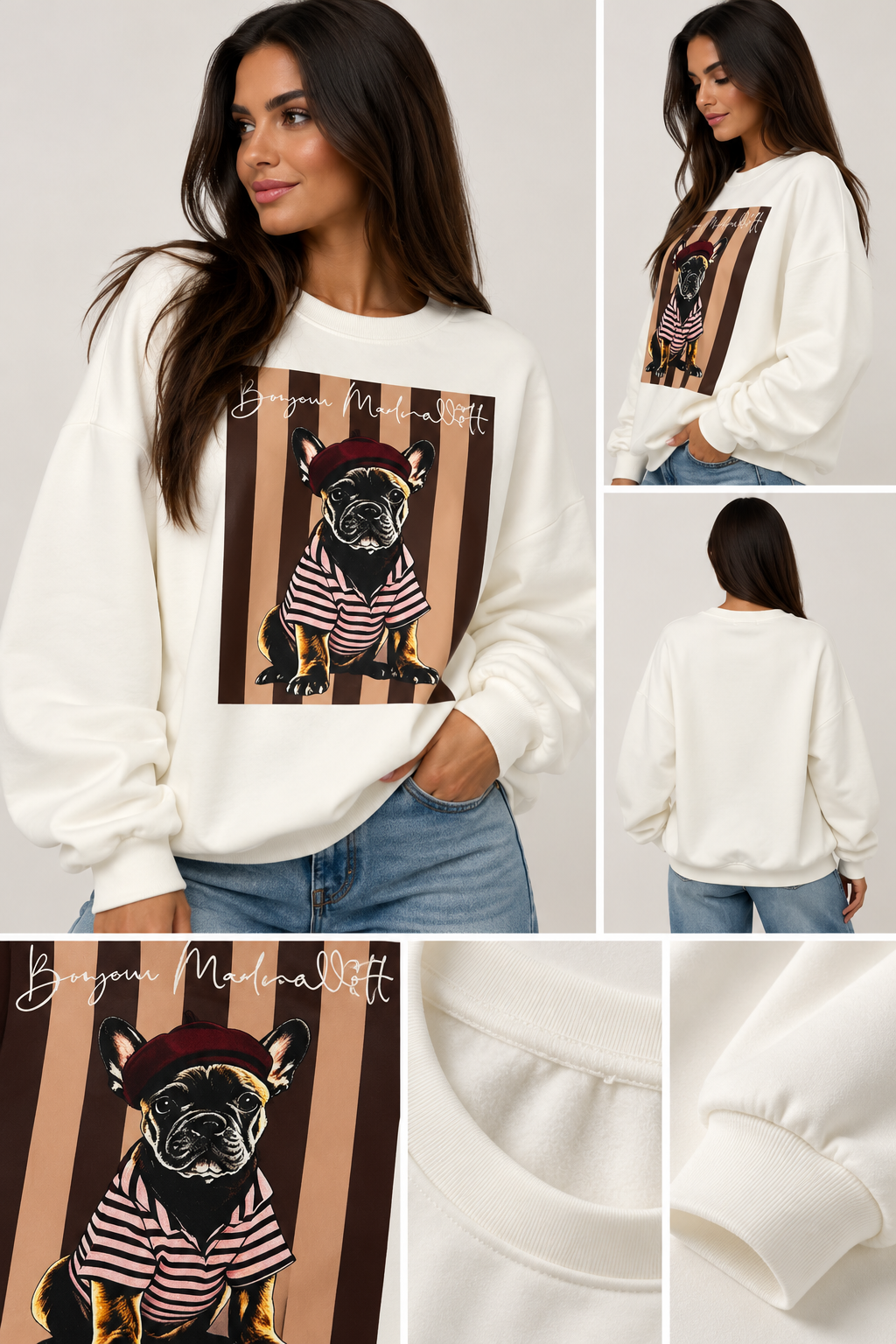 Modelo morena con sudadera blanca Bonjour, perrito bulldog francés con boina y camiseta de rayas