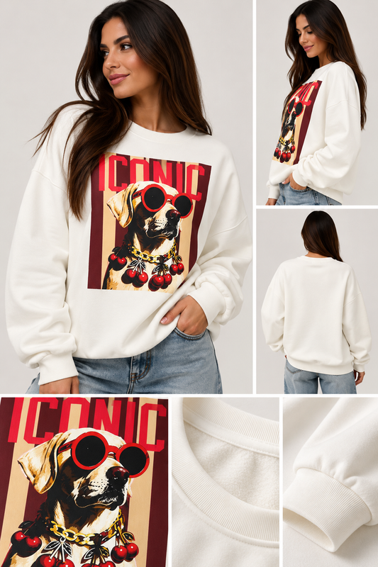 Modelo morena con sudadera ICONIC de perrito, gafas rojas y cerezas