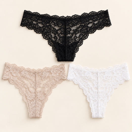 Tanga de encaje floral en negro, beige y blanco
